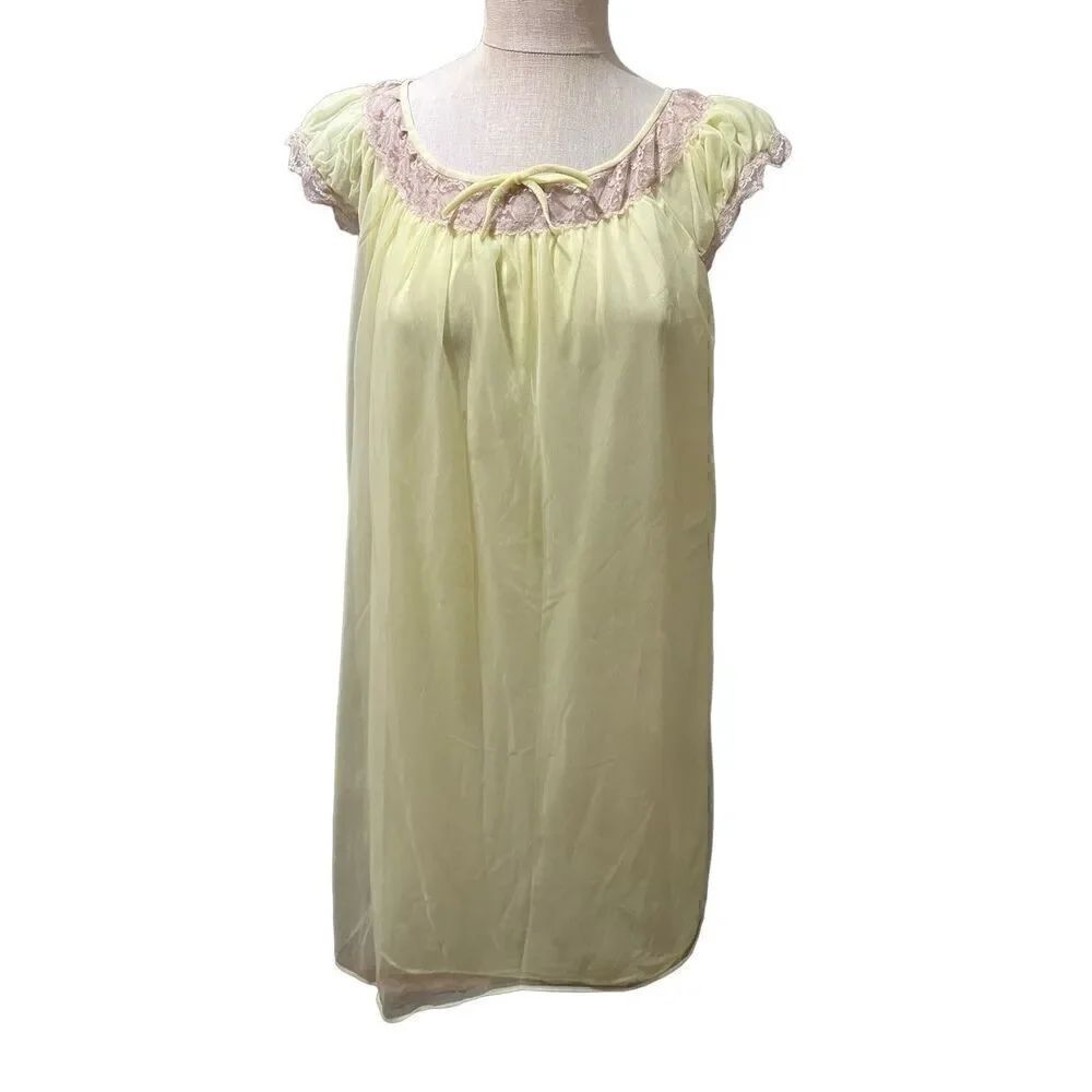 Vintage Porette Yellow Lace Baby Doll Sheer Layered Nightgown Lingerie Retro L
